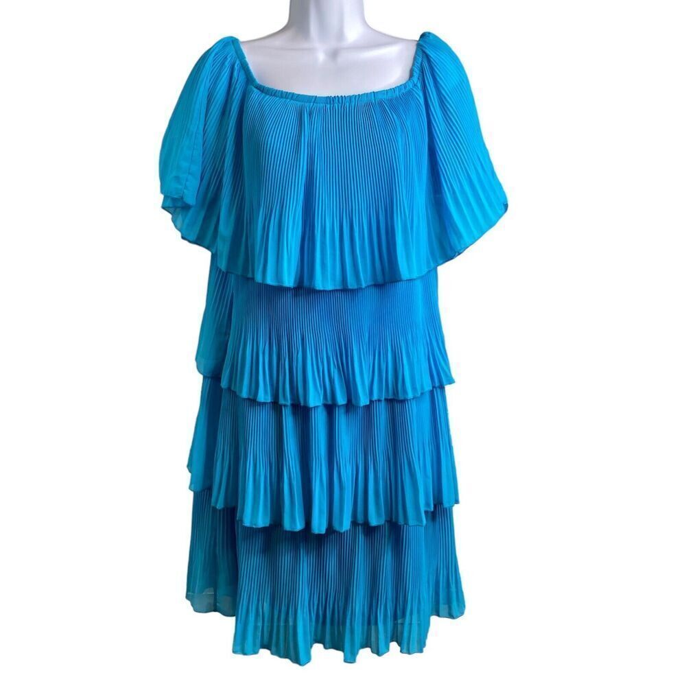 Frank Lyman Montreal Blue Tiered Off Shoulder Dress Size 10 Flowy Boho Coquette